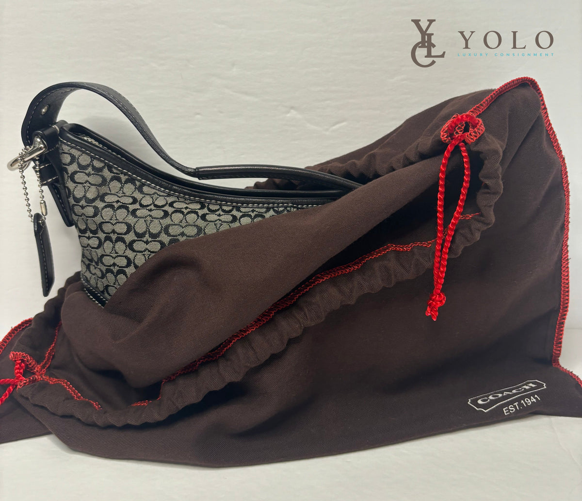 【超美品】Coach Mini Signature Small Hobo COACH 6351 Mini Signature Small Hobo Bag Black Gray Jacquard