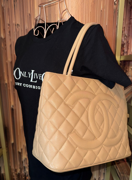 Chanel Vintage Quilted Caviar Leather Medallion Tote Bag