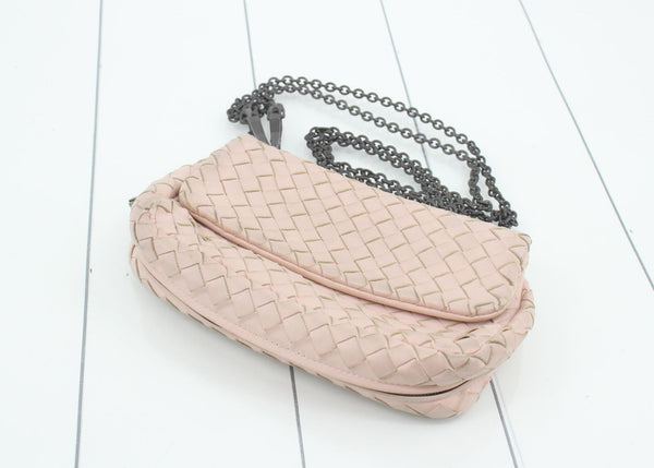 Bottega Veneta Intrecciato Woven Leather Crossbody Bag Pink Flap Shoulder Bag