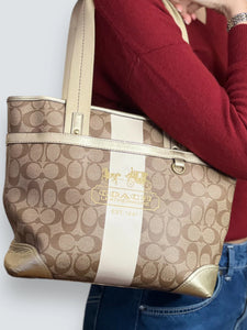 coach heritage stripe stripes plain leather backpacks Coach Signature Heritage Stripe Tote – Monogram Canvas Shoulder Bag – YOLO Luxury Consignment