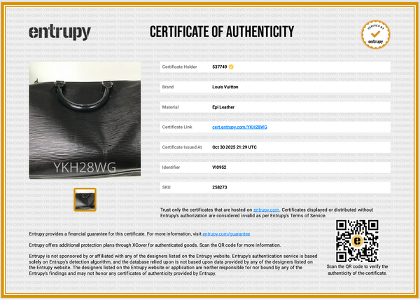 Louis Vuitton Epi Black Speedy 30 Bag COA