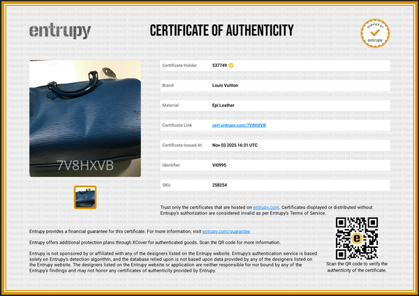 Louis Vuitton Epi Blue Speedy 30 Bag COA