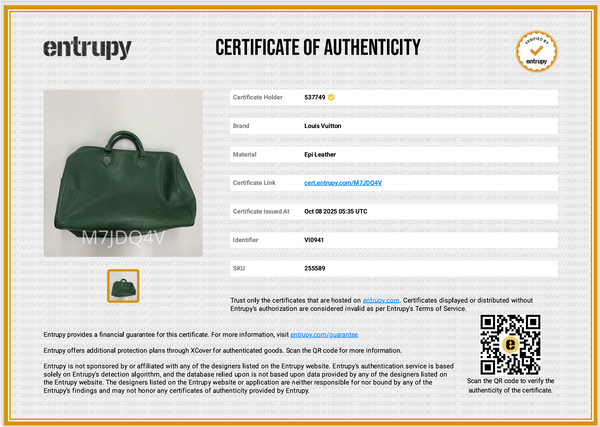 Louis Vuitton Epi Green Speedy 35 Bag COA