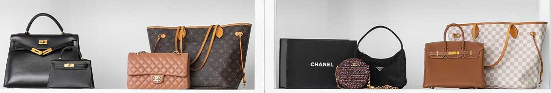 Designer handbags displayed on white shelves; shop all YLC collections.
