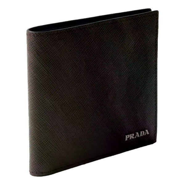 Prada Saffiano Leather Bifold Wallet Brown Navy in Caffe brown and Baltico navy, authentic new wallet, image 2