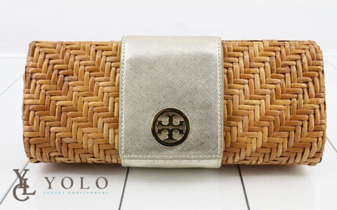 Tory Burch Rattan Straw Metallic Clutch Bag