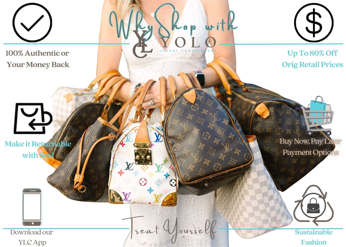 Woman carrying Louis Vuitton handbags, highlighting YOLO Luxury Consignment’s authenticity guarantee, savings up to 80% off retail, Seel return options, buy now pay later, YLC app and sustainable fashion.