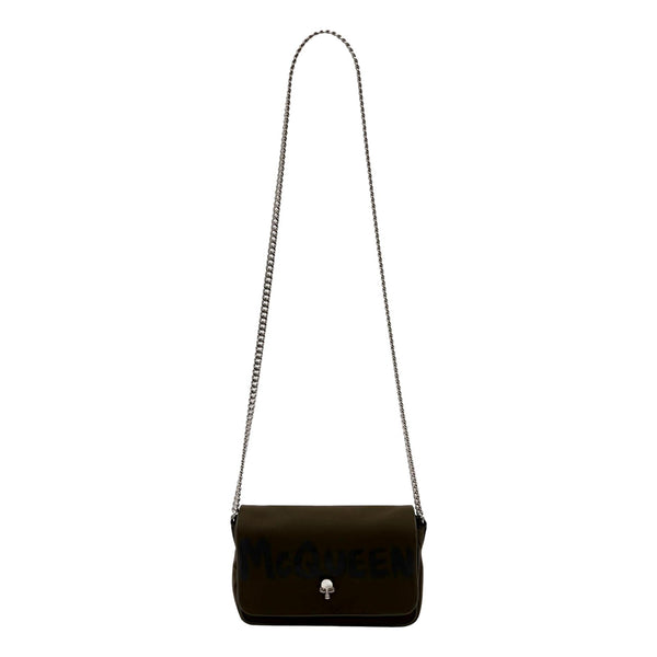 Alexander McQueen Army Green Nylon Graffiti Skull Shoulder Bag in Black, authentic new handbag, image 4