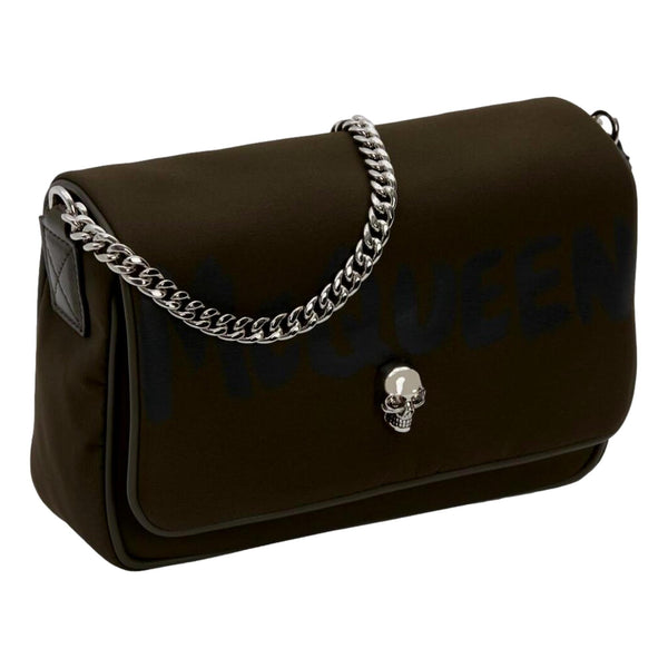 Alexander McQueen Army Green Nylon Graffiti Skull Shoulder Bag in Black, authentic new handbag, image 3