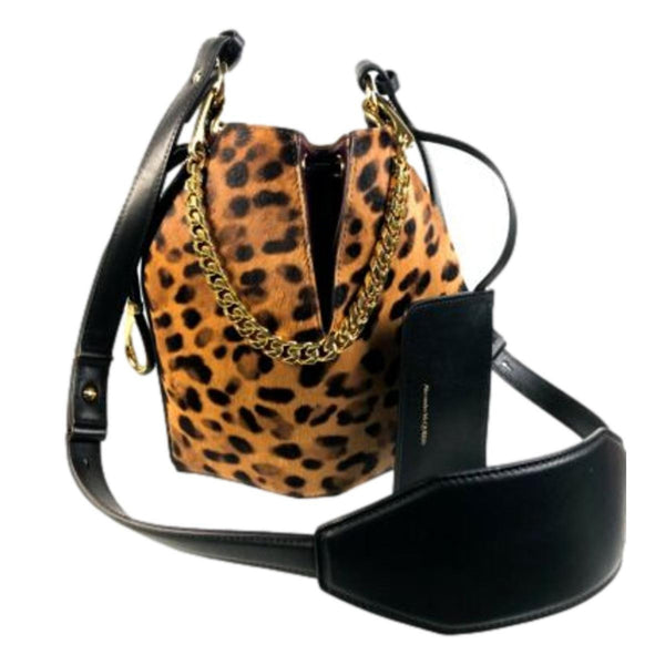 Alexander McQueen The Bucket Bag Leopard Print Pony Hair in Cheetah Black Dark Red, authentic new handbag, image 2