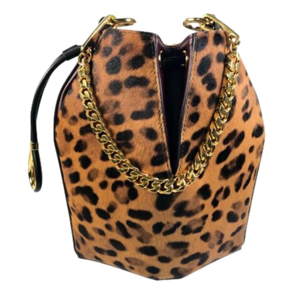 Alexander McQueen The Bucket Bag Leopard Print Pony Hair in Cheetah Black Dark Red, authentic new handbag, image 1