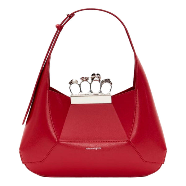 Alexander McQueen The Jewelled Hobo Bag in Red Leather with Silver Knuckle in Red, authentic new handbag, image 1