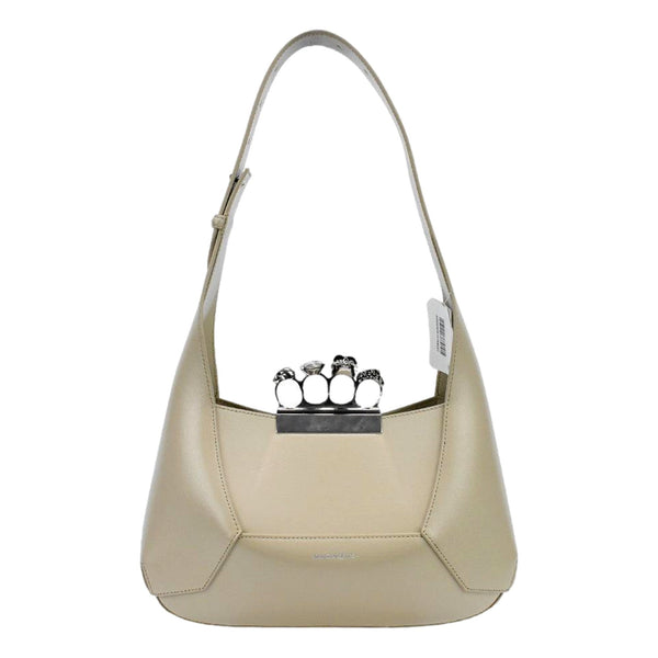 Alexander McQueen The Jewelled Leather Shoulder Bag Beige Skull Ring Handle in Beige, authentic new handbag, image 1