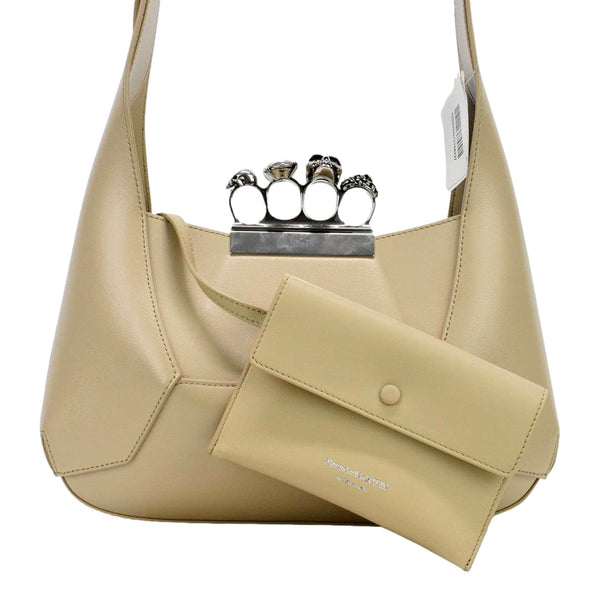 Alexander McQueen The Jewelled Leather Shoulder Bag Beige Skull Ring Handle in Beige, authentic new handbag, image 6