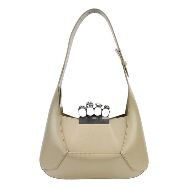 Alexander McQueen The Jewelled Leather Shoulder Bag Beige Skull Ring Handle in Beige, authentic new handbag, image 2