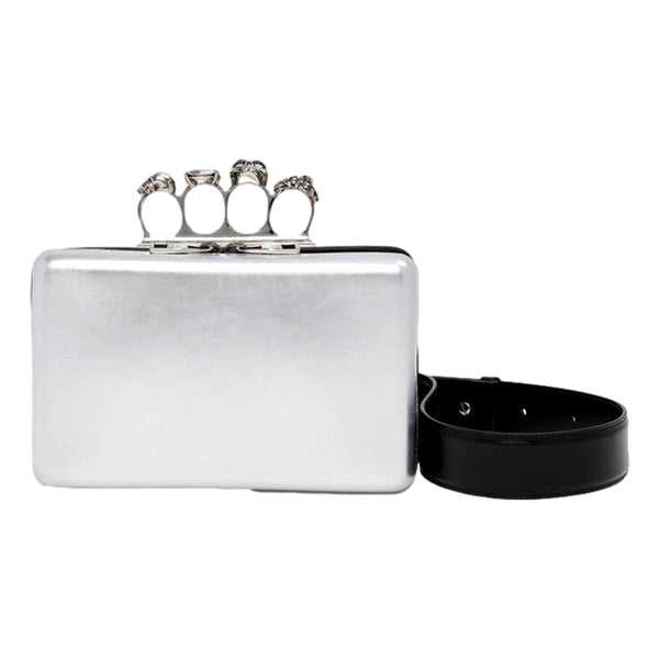 Alexander McQueen The Knuckle Silver Metallic Leather Zip Around Crossbody Bag Skull – front view