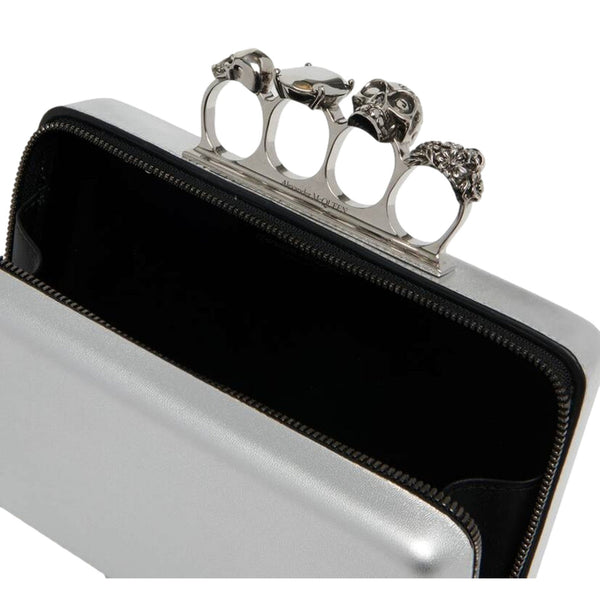 Alexander McQueen The Knuckle Silver Metallic Leather Zip Around Crossbody Bag Skull – interior view
