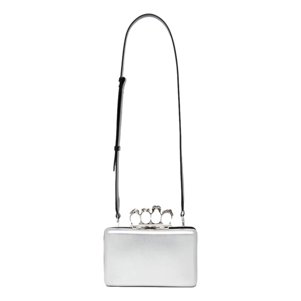 Alexander McQueen The Knuckle Silver Metallic Leather Zip Around Crossbody Bag Skull – strap and handle detail