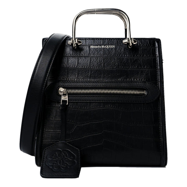 Alexander McQueen The Short Story Black Croc Print Leather Satchel in Black, authentic new handbag, image 1