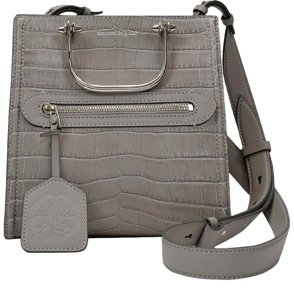 Alexander McQueen The Short Story Grey Croc Print Leather Satchel in Grey, authentic new handbag, image 1