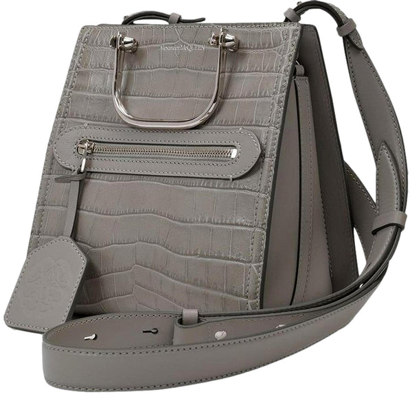 Alexander McQueen The Short Story Grey Croc Print Leather Satchel in Grey, authentic new handbag, image 2