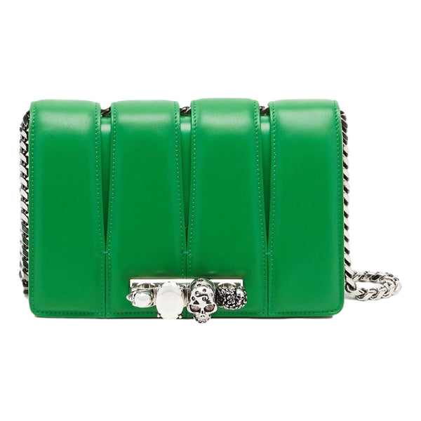 Alexander McQueen The Slash Skull Ring Clutch Bright Green Smooth Leather Silver Hardware – front view