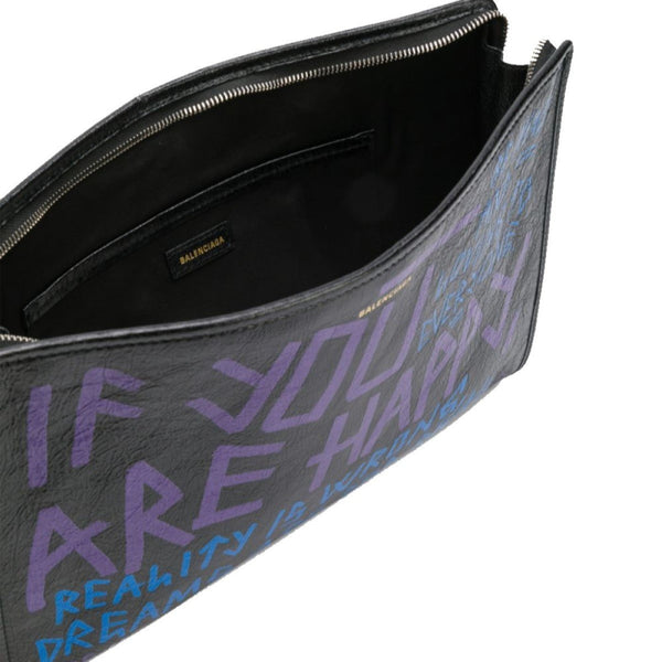 Balenciaga Bazar Graffiti Purple Blue Black Arena Leather Pouch in Black, authentic new handbag, image 5