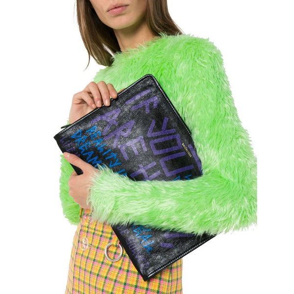 Balenciaga Bazar Graffiti Purple Blue Black Arena Leather Pouch in Black, authentic new handbag, image 3