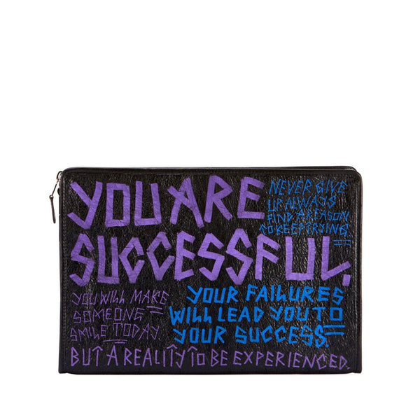 Balenciaga Bazar Graffiti Purple Blue Black Arena Leather Pouch in Black, authentic new handbag, image 2