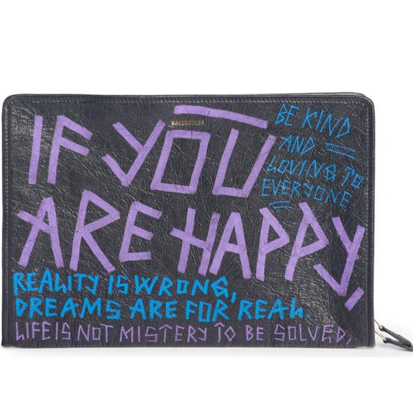 Balenciaga Bazar Graffiti Purple Blue Black Arena Leather Pouch in Black, authentic new handbag, image 1