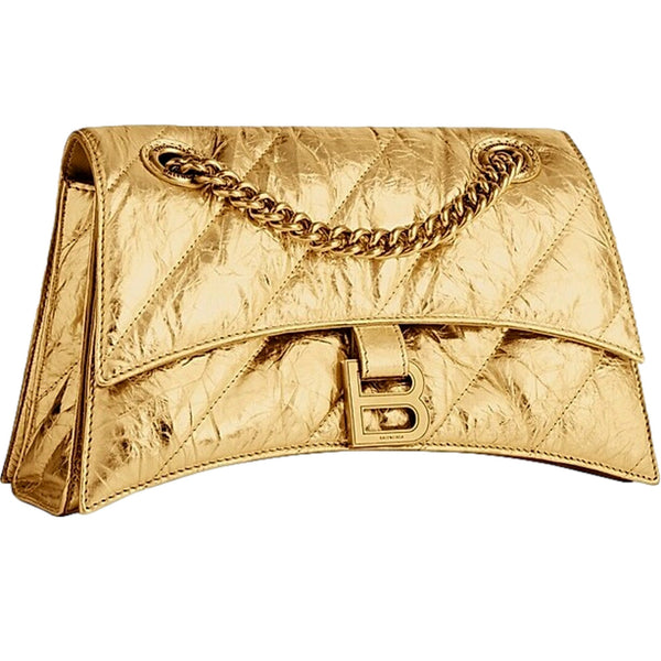 Balenciaga Crush Quilted Metallic Gold Leather Mini Crossbody Chain Bag Gold Hardware – front view