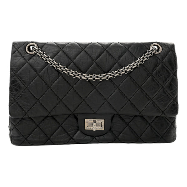 Chanel 2.55 Reissue 225 Black Aged Calfskin Double Flap Bag Silver Chain in Black, authentic pre-loved handbag, image 1