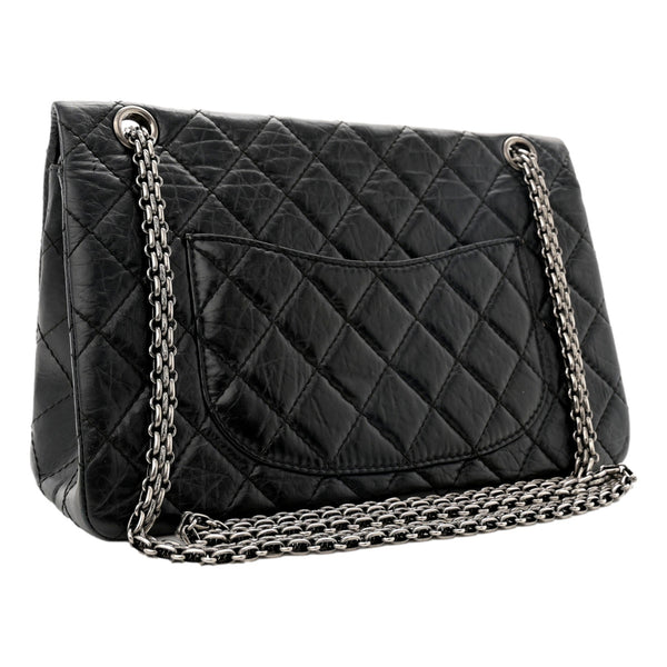 Chanel 2.55 Reissue 225 Black Aged Calfskin Double Flap Bag Silver Chain in Black, authentic pre-loved handbag, image 2