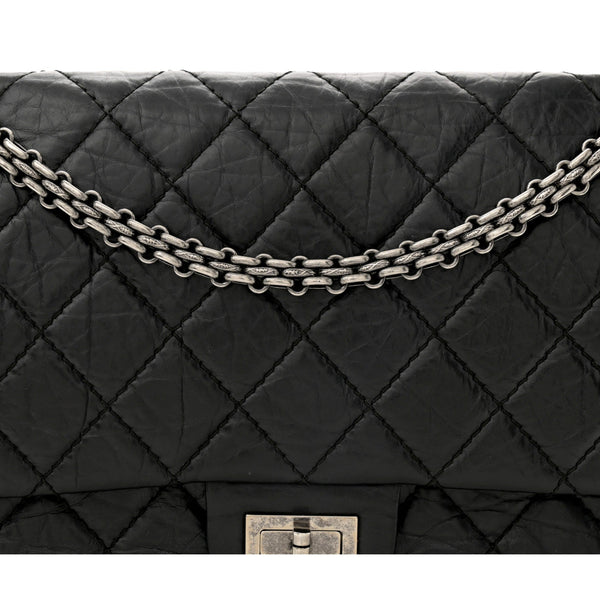 Chanel 2.55 Reissue 225 Black Aged Calfskin Double Flap Bag Silver Chain in Black, authentic pre-loved handbag, image 7