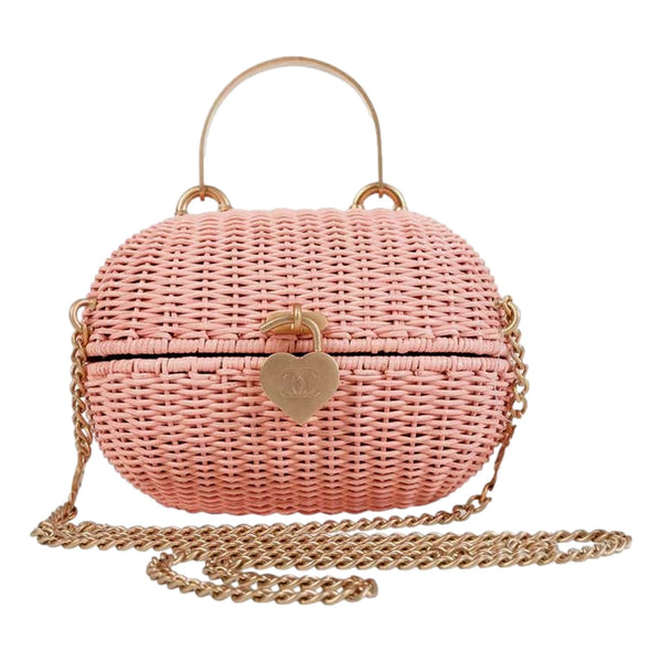 Chanel Pink Rattan Wicker Heart Basket Crossbody Bag Rare 2004 in Baby Pink, authentic pre-loved handbag, image 1