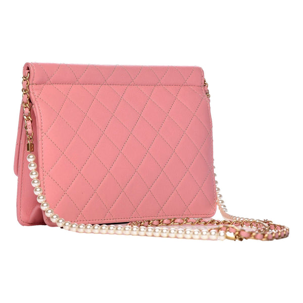 Chanel Pink Quilted Lambksin Pearl Chain Crossbody Handbag in Pink, authentic pre-loved handbag, image 2