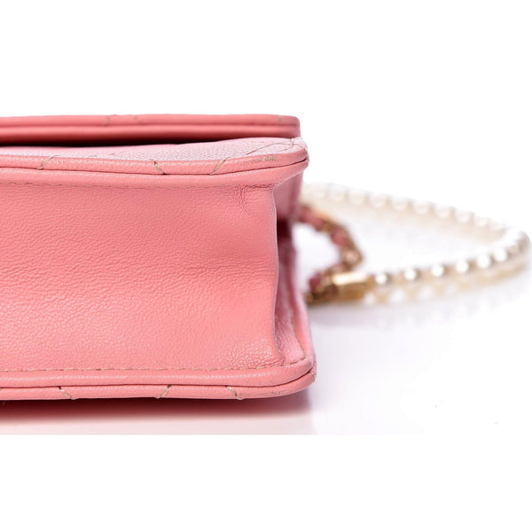 Chanel Pink Quilted Lambksin Pearl Chain Crossbody Handbag in Pink, authentic pre-loved handbag, image 7