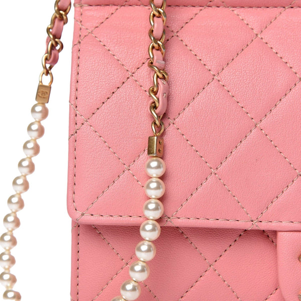 Chanel Pink Quilted Lambksin Pearl Chain Crossbody Handbag in Pink, authentic pre-loved handbag, image 8