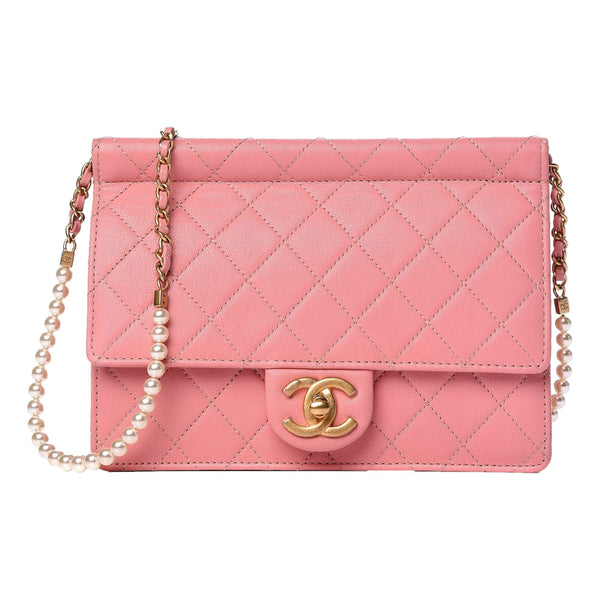Chanel Pink Quilted Lambksin Pearl Chain Crossbody Handbag in Pink, authentic pre-loved handbag, image 1