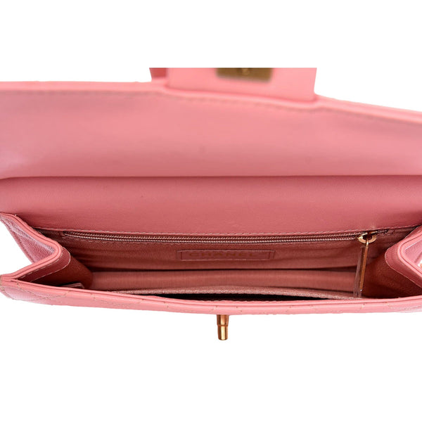 Chanel Pink Quilted Lambksin Pearl Chain Crossbody Handbag in Pink, authentic pre-loved handbag, image 3