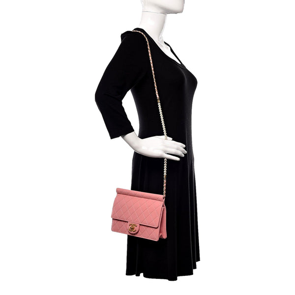 Chanel Pink Quilted Lambksin Pearl Chain Crossbody Handbag in Pink, authentic pre-loved handbag, image 10