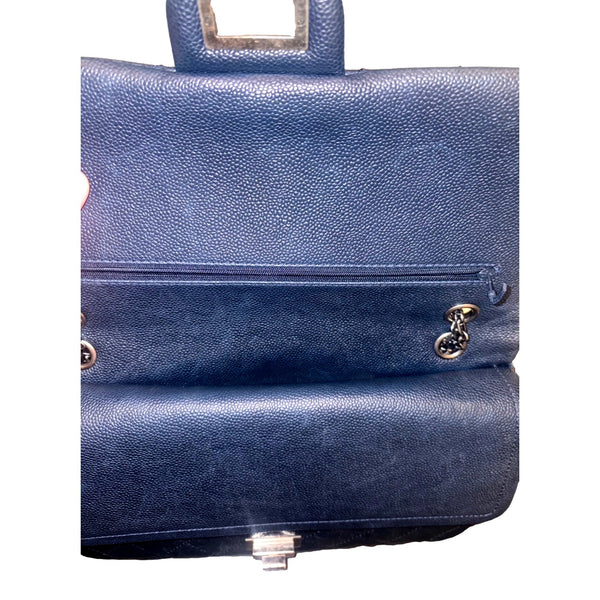 Chanel Reissue 2.55 226 Navy Caviar Leather Quilted Flap Bag Silver Chain in Navy Blue, authentic pre-loved handbag, image 9