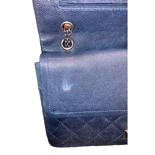 Chanel Reissue 2.55 226 Navy Caviar Leather Quilted Flap Bag Silver Chain in Navy Blue, authentic pre-loved handbag, image 8