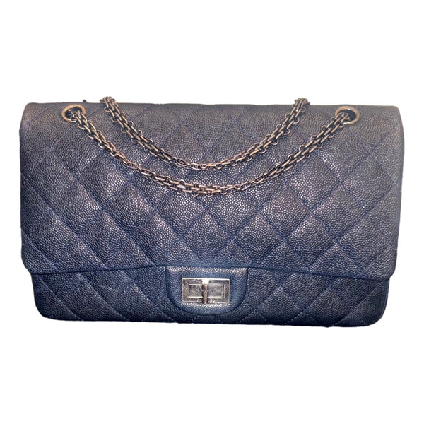 Chanel Reissue 2.55 226 Navy Caviar Leather Quilted Flap Bag Silver Chain in Navy Blue, authentic pre-loved handbag, image 5