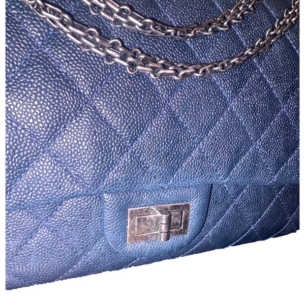 Chanel Reissue 2.55 226 Navy Caviar Leather Quilted Flap Bag Silver Chain in Navy Blue, authentic pre-loved handbag, image 6