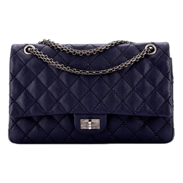 Chanel Reissue 2.55 226 Navy Caviar Leather Quilted Flap Bag Silver Chain in Navy Blue, authentic pre-loved handbag, image 1