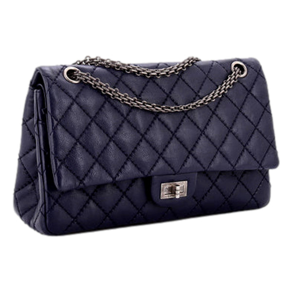Chanel Reissue 2.55 226 Navy Caviar Leather Quilted Flap Bag Silver Chain in Navy Blue, authentic pre-loved handbag, image 2