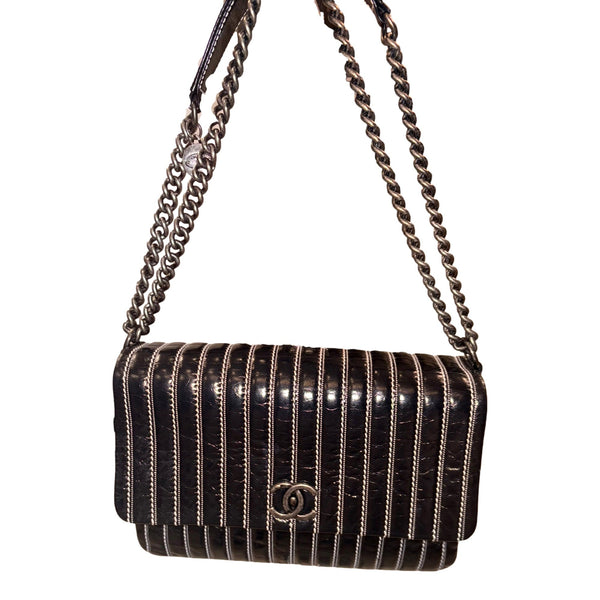 Chanel Black Vertical Stitch Flap Bag CC Logo Silver Chain Shoulder Bag in Black, authentic pre-loved handbag, image 6