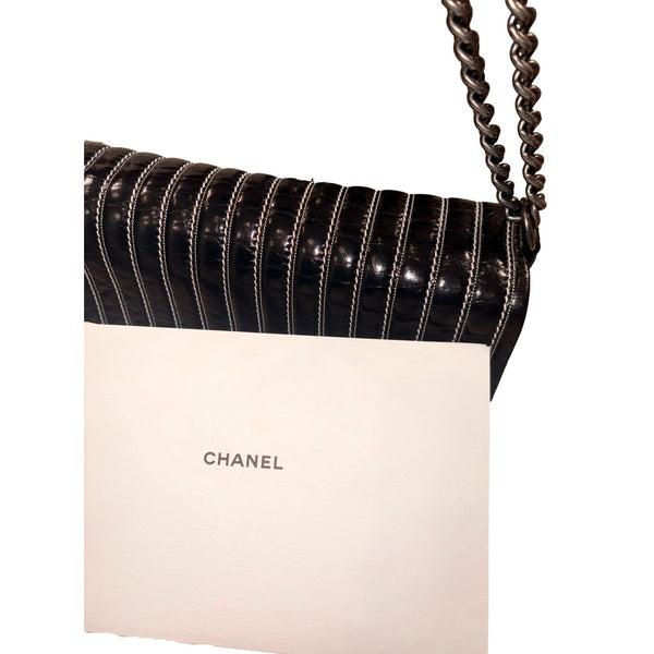 Chanel Black Vertical Stitch Flap Bag CC Logo Silver Chain Shoulder Bag in Black, authentic pre-loved handbag, image 10