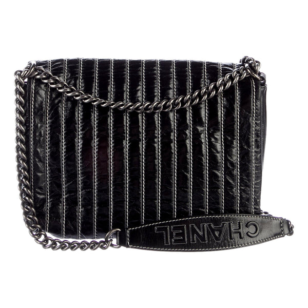 Chanel Black Vertical Stitch Flap Bag CC Logo Silver Chain Shoulder Bag in Black, authentic pre-loved handbag, image 3